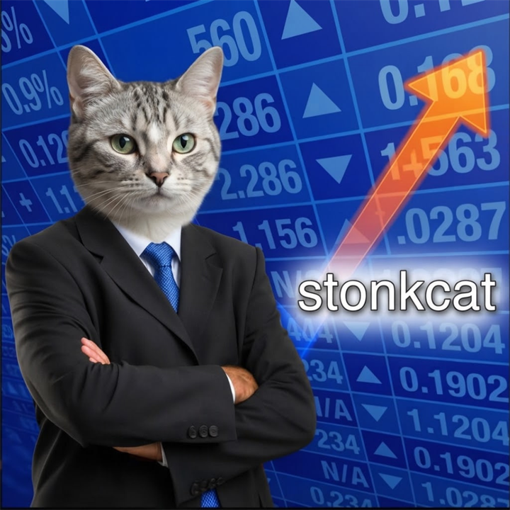 stonkcat, a tabby cat in a black suit and blue tie standing in front of a rising stock chart
